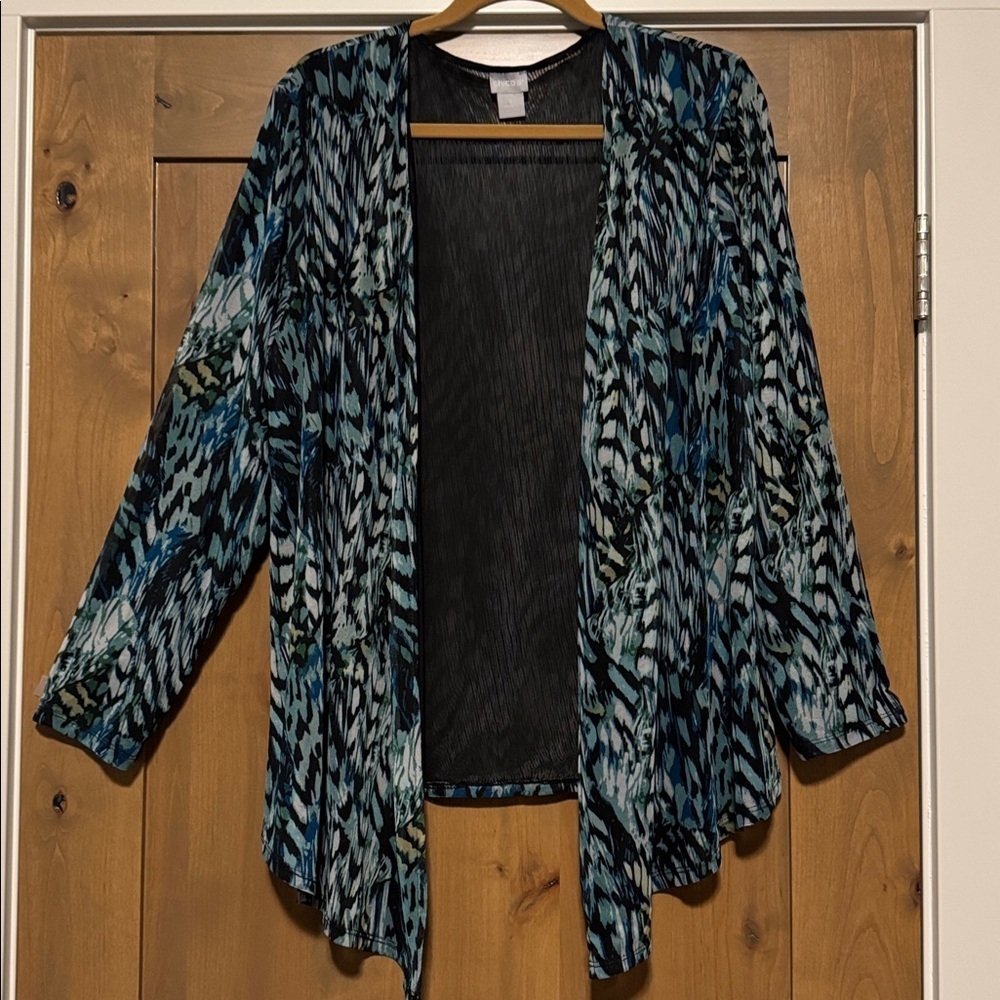 Chicos Open front Mesh lined Jacket Womens 3/XL Lightweight black/blue/green